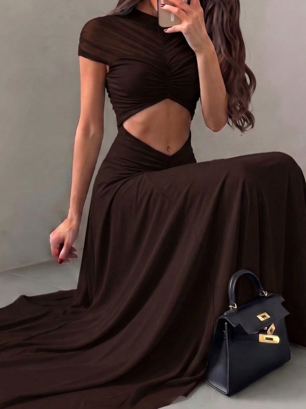 Brown Glamorous Women's Maxi See-Through Bodycon Cocktail Dress